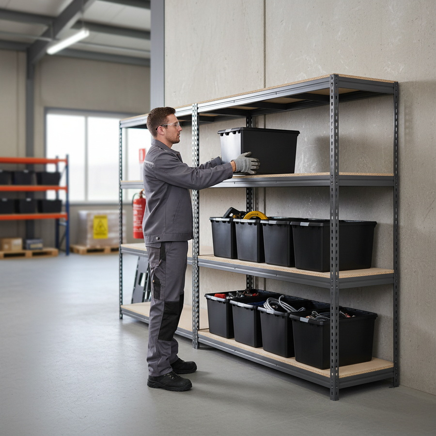 3x Premium Heavy Duty Shelving - 1600mm High - Grey with 8x 62L Plastic Storage Boxes - Front view
