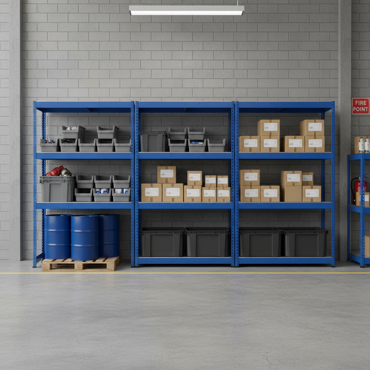 Premium 3x Industrial Shelving - 2440mm High - 400kg Capacity - Steel - Blue - Front view