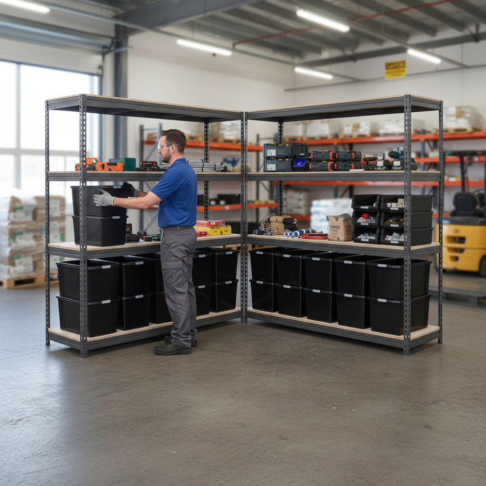 3x Premium Heavy Duty Shelving - 1800mm High - Grey with 12x 62L Plastic Storage Boxes - Side view
