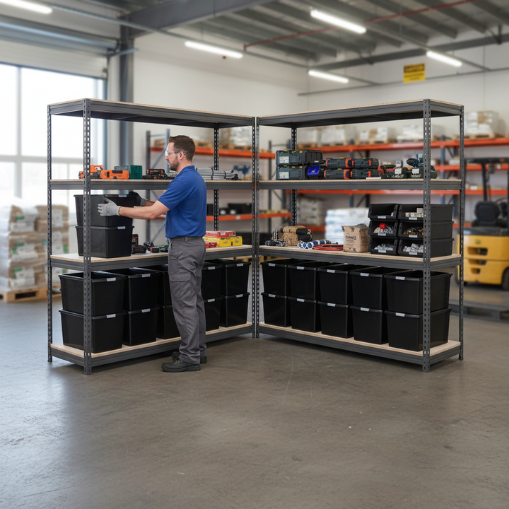 3x Premium Heavy Duty Shelving - 1800mm High - Grey with 12x 62L Plastic Storage Boxes - Side view