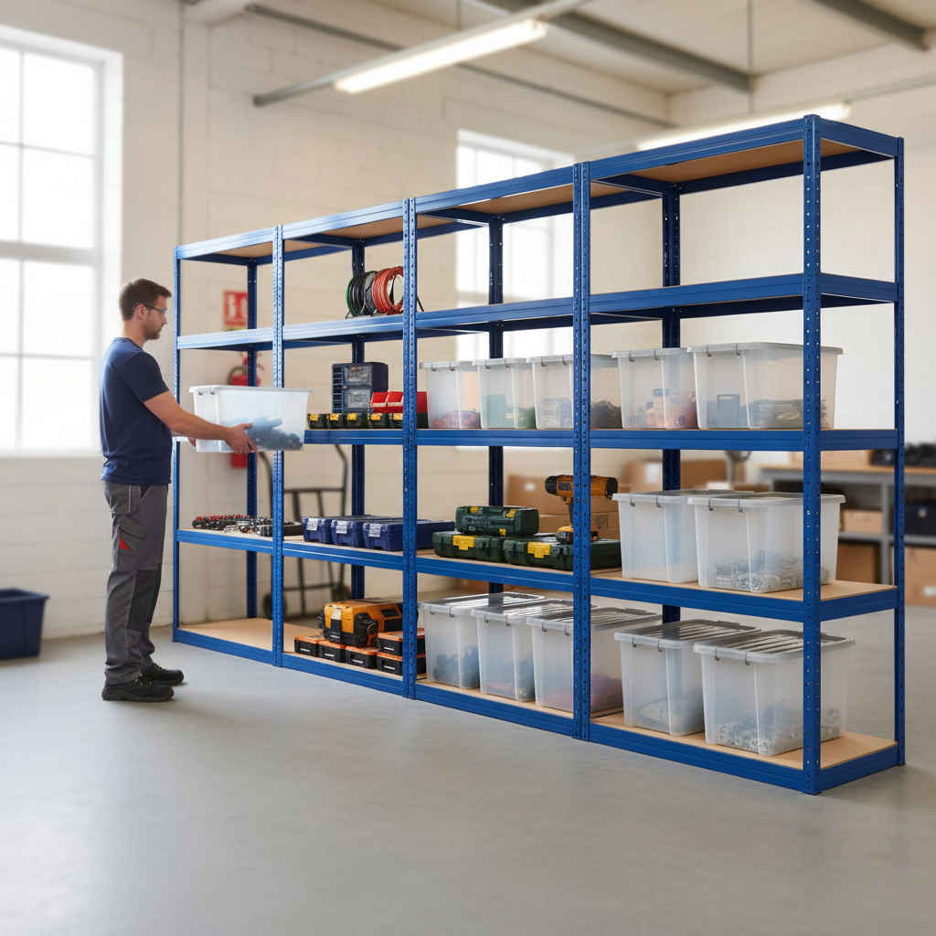 4x Heavy Duty Shelving Units - 1800mm High - Blue with 8x 60L Plastic Storage Boxes - Front view