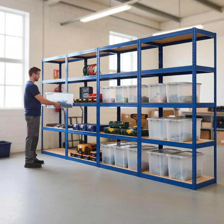 4x Heavy Duty Shelving Units - 1800mm High - Blue with 8x 60L Plastic Storage Boxes - Front view