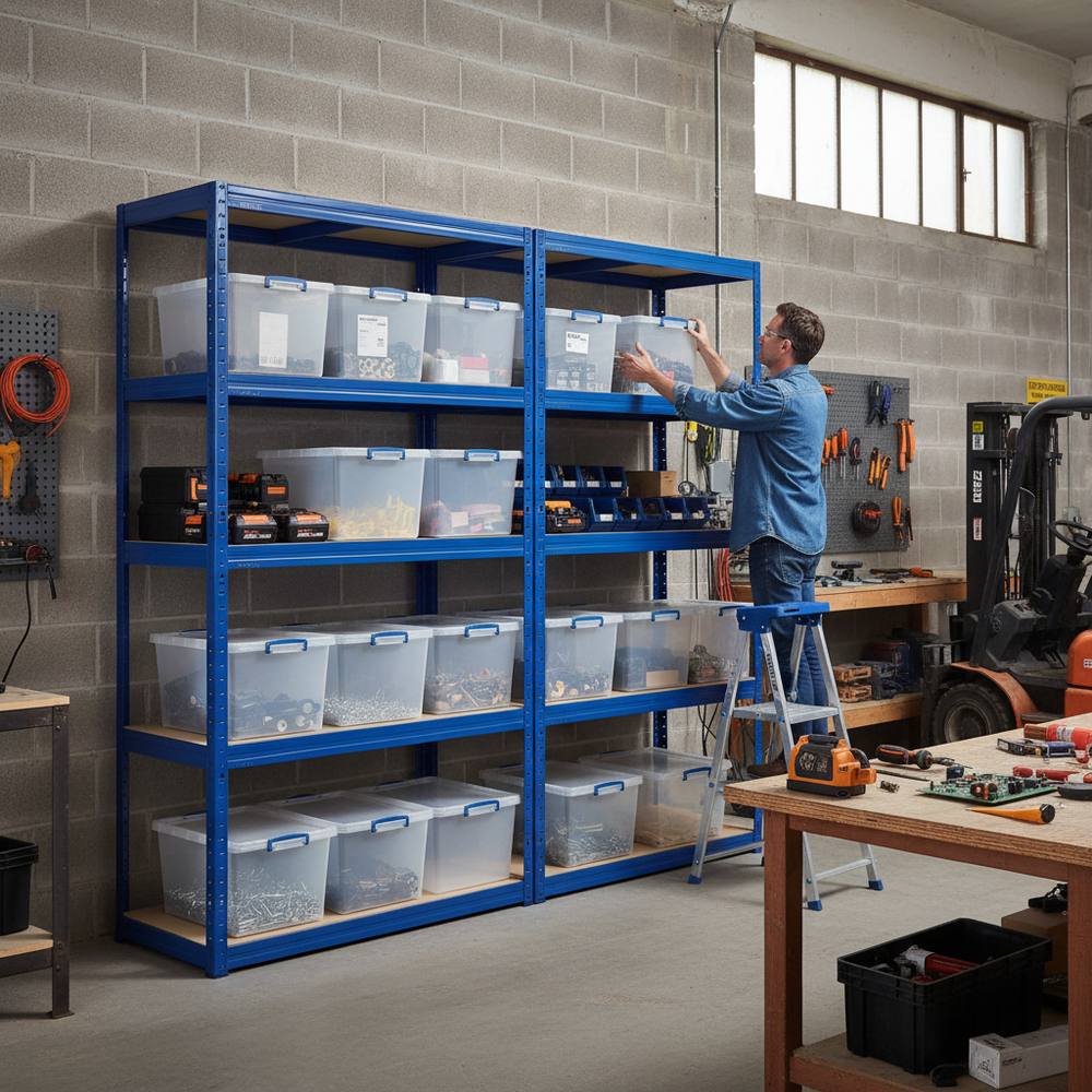 Heavy Duty Shelving Units with 12x 33.5L Storage Boxes - 1800mm High - Side view