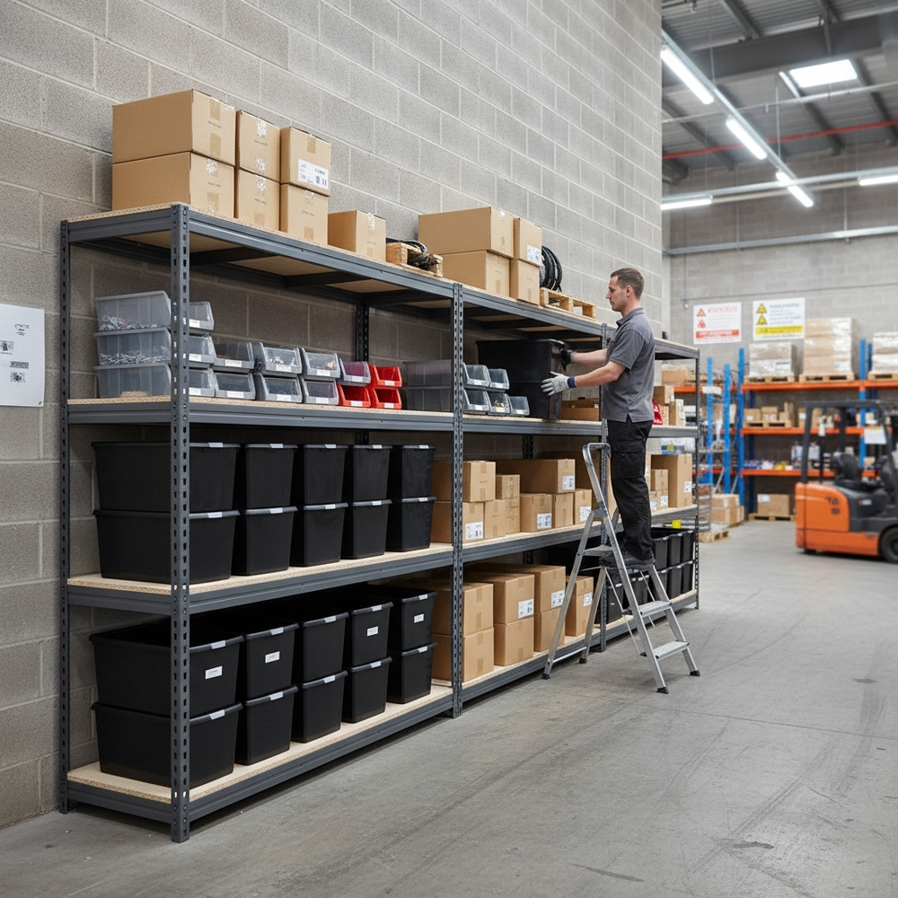 3x Premium Heavy Duty Shelving - 2200mm High - Grey with 12x 62L Plastic Storage Boxes - Side view