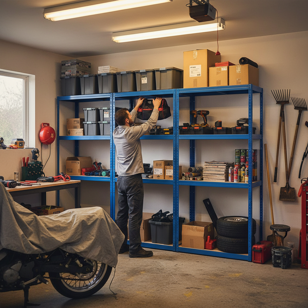 Premium Garage Shelving Unit - 1600mm High - 200/280kg Capacity - Blue - Side view