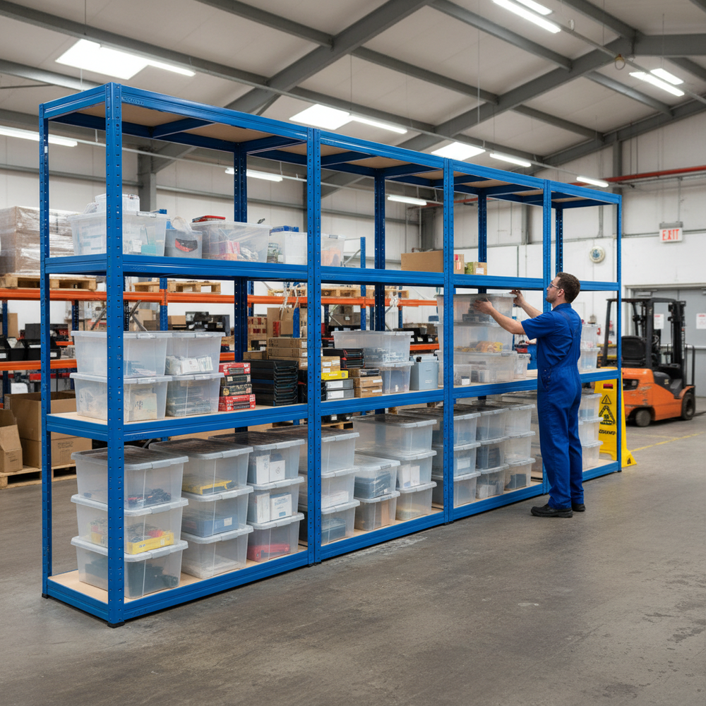 Heavy Duty 3x Shelving Unit - 1600mm High with 8x 60L Plastic Storage Boxes - Side view