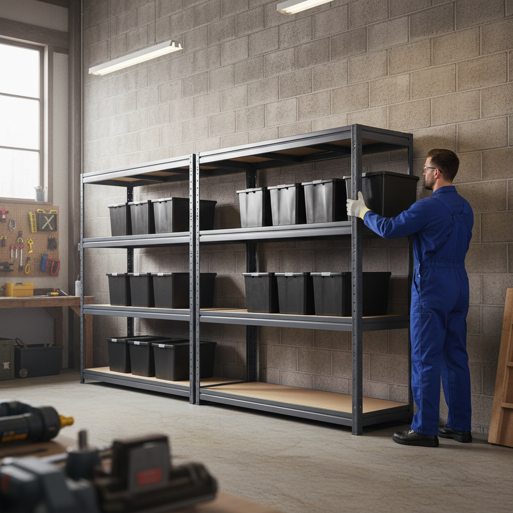 3x Heavy Duty Shelving - 1770mm High - Grey with 12x 37L Plastic Storage Boxes - Front view