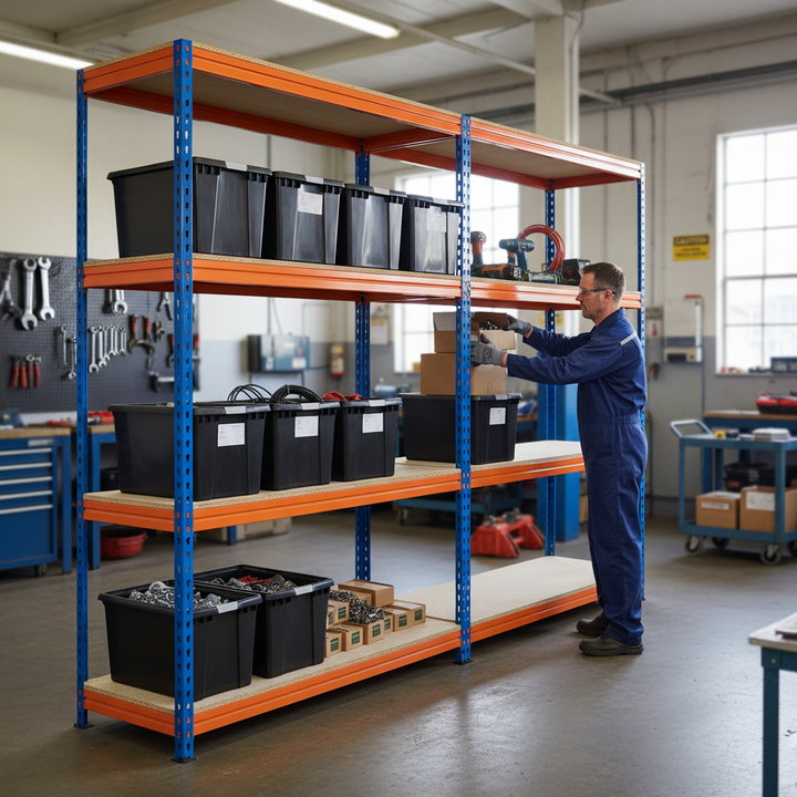 Premium Heavy Duty Shelving Unit - 2200mm High with 8x 62L Storage Boxes - Front view