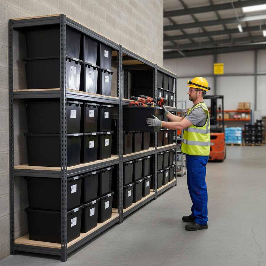3x Heavy Duty Shelving - 2200mm High - Grey with 8x 37L Storage Boxes - Front view