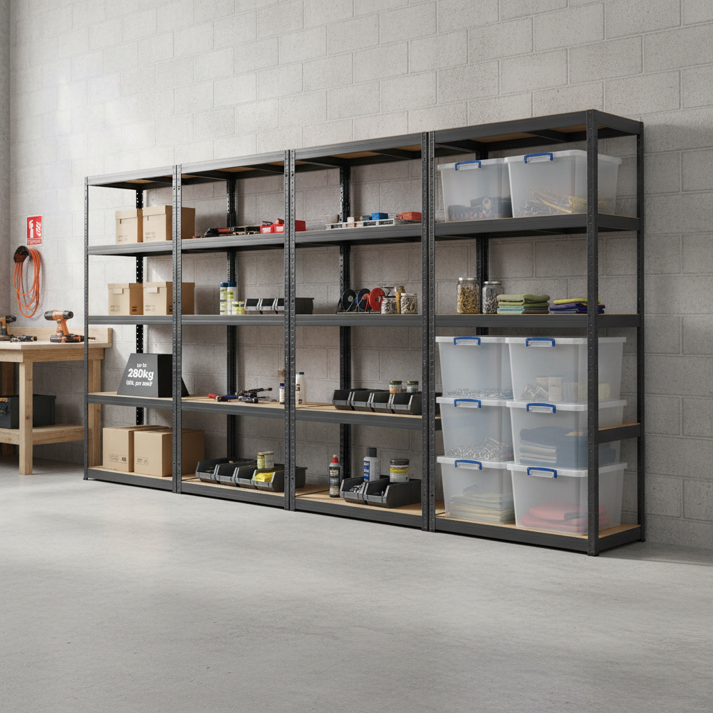 3x Heavy Duty Shelving Units - 1800mm High - Grey with 8x 33.5L Storage Boxes - Front view