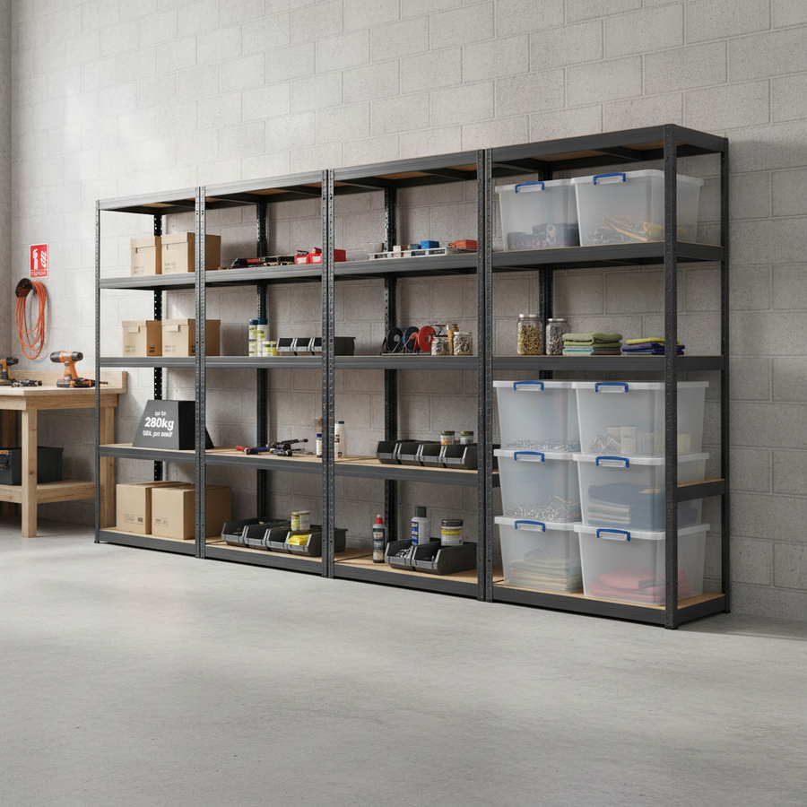 3x Heavy Duty Shelving Units - 1800mm High - Grey with 8x 33.5L Storage Boxes - Front view