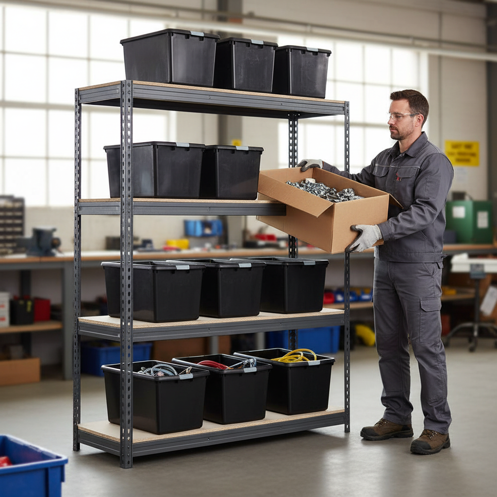 Heavy Duty Shelving with 12x 62L Plastic Storage Boxes - 1800mm High - Grey - Front view