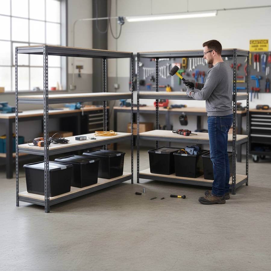 3x Premium Heavy Duty Shelving - 2200mm High - Grey with 8x 62L Plastic Storage Boxes - Front view