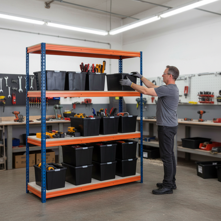 Heavy Duty Shelving with 12x 37L Plastic Storage Boxes - 1600mm High - Side view
