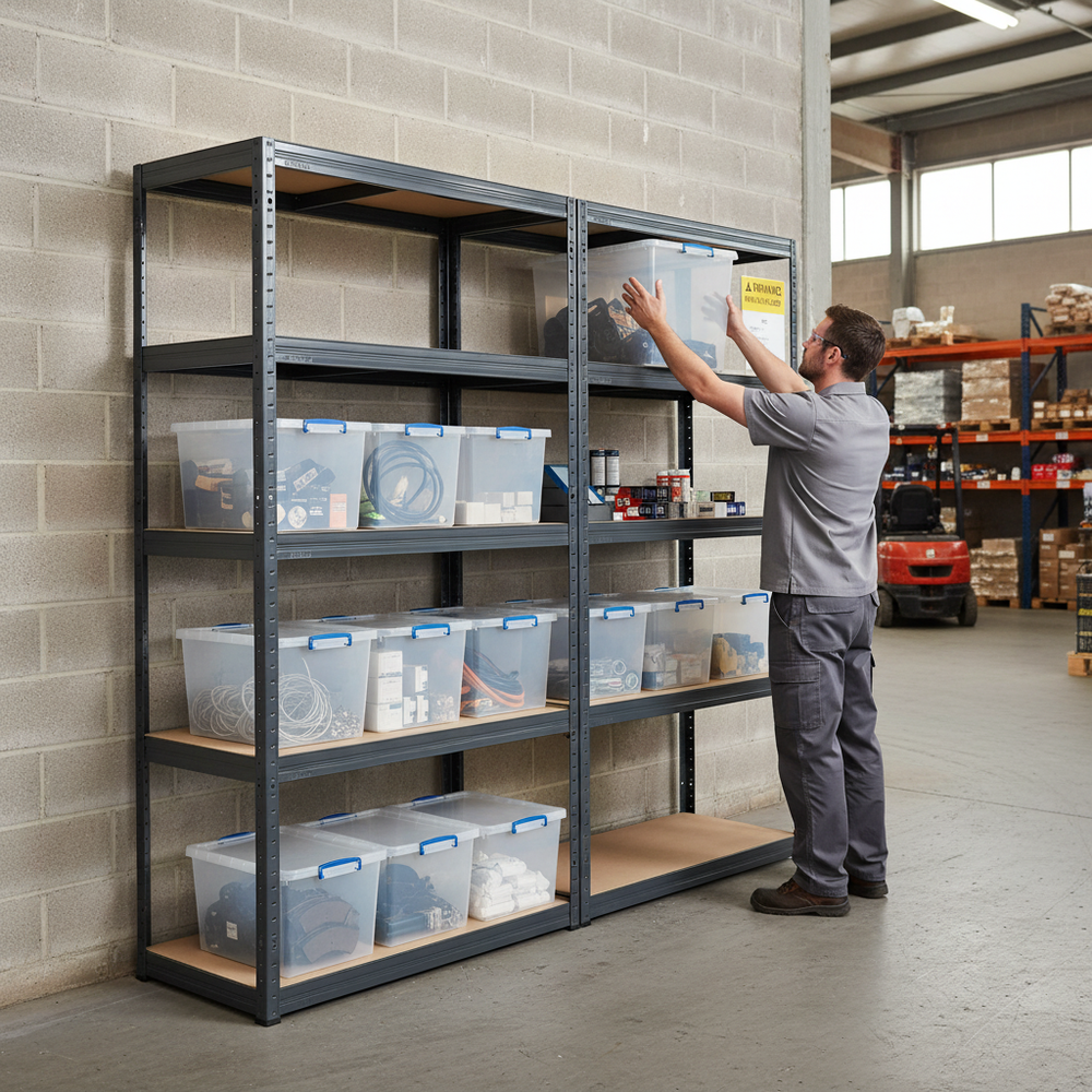 2x Heavy Duty Shelving Units - 2130mm High - Grey with 8x 33.5L Storage Boxes - Side view