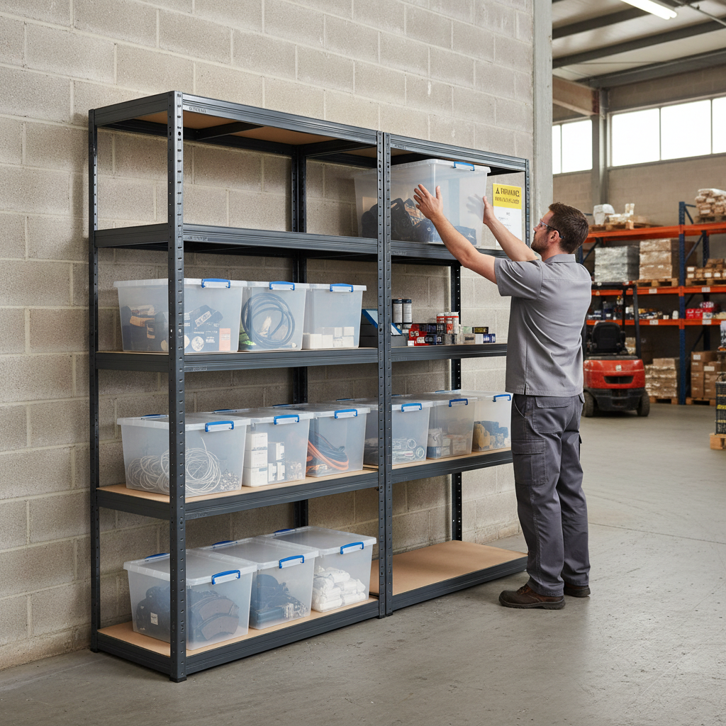 2x Heavy Duty Shelving Units - 2130mm High - Grey with 8x 33.5L Storage Boxes - Side view
