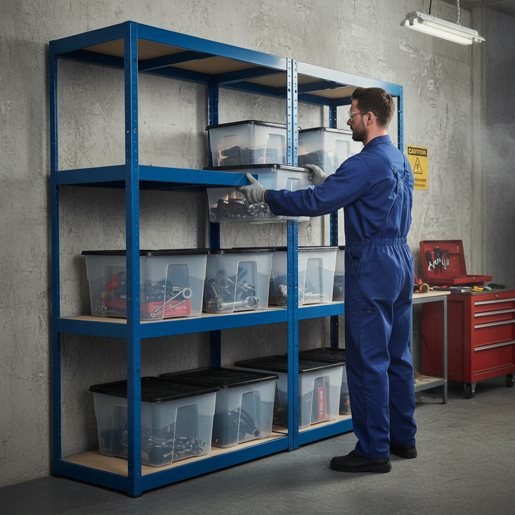 2x Heavy Duty Shelving Units - 1600mm High with 12x 24L Storage Boxes - Front view