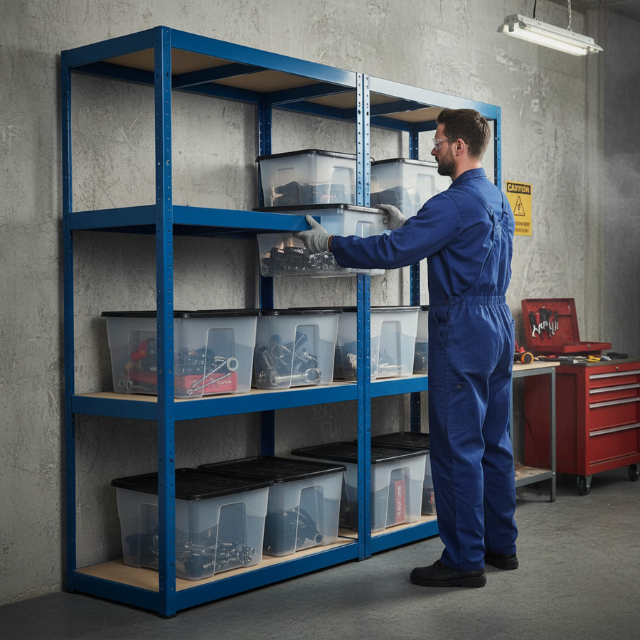 2x Heavy Duty Shelving Units - 1600mm High with 12x 24L Storage Boxes - Front view