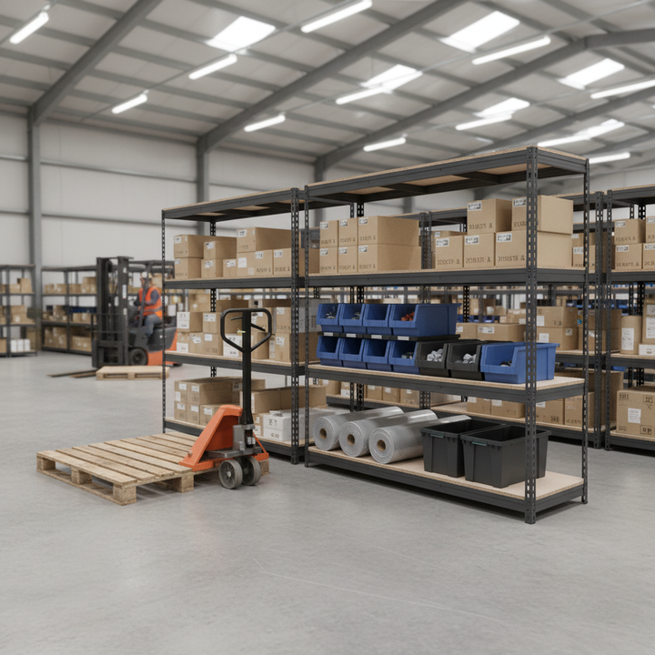 3x Heavy Duty Industrial Shelving - 1800mm High - 500kg Capacity - Grey - Side view