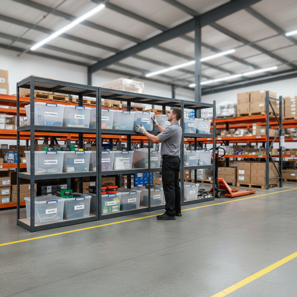4x Premium Shelving Units - 1600mm High - Grey with 12x 33.5L Storage Boxes - Side view