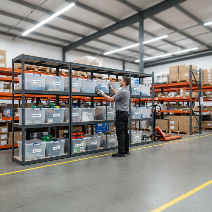 4x Premium Shelving Units - 1600mm High - Grey with 12x 33.5L Storage Boxes - Side view