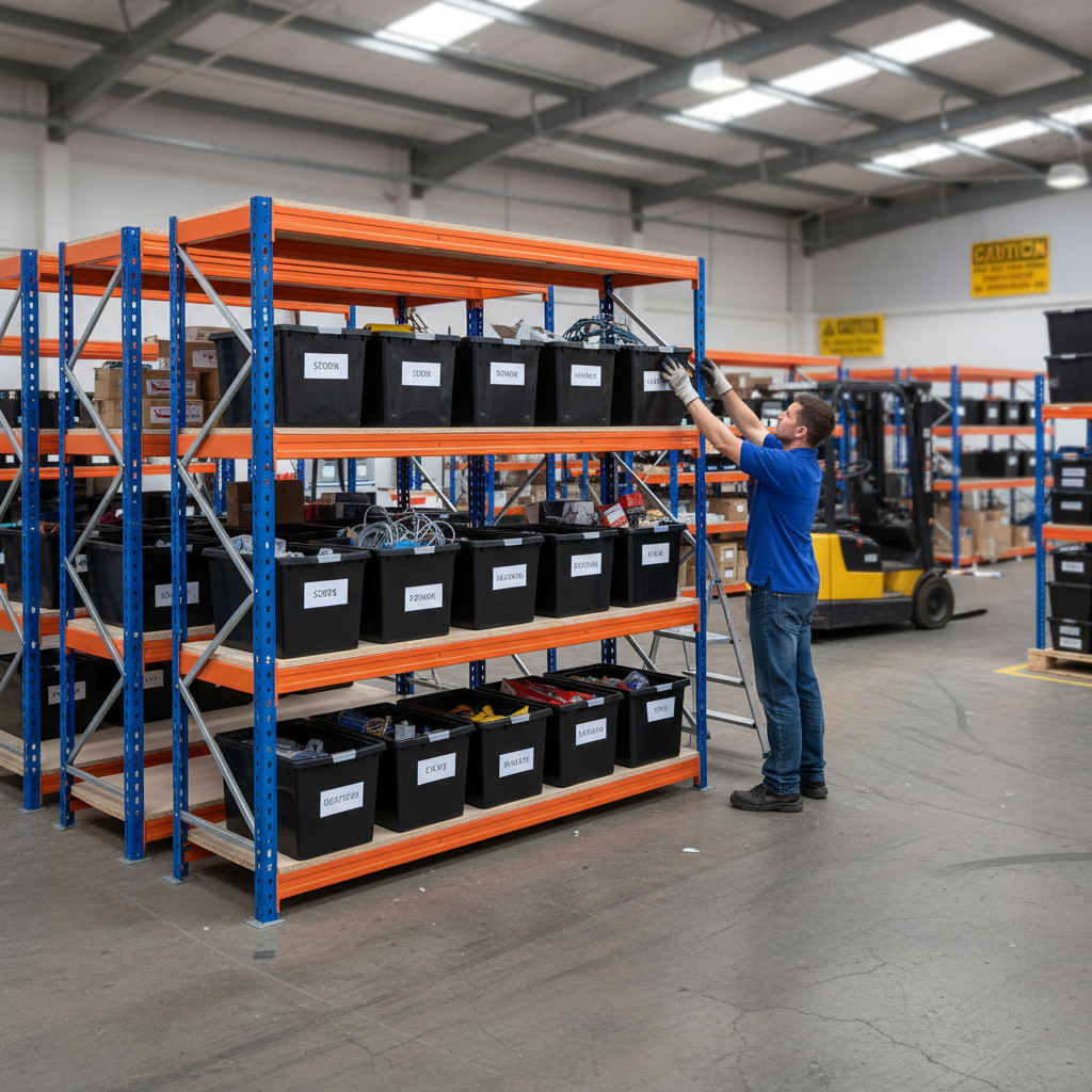 2x Heavy Duty Shelving - 1600mm High - Blue & Orange with 12x 37L Plastic Storage Boxes - Side view