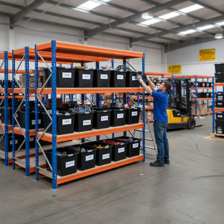 2x Heavy Duty Shelving - 1600mm High - Blue & Orange with 12x 37L Plastic Storage Boxes - Side view