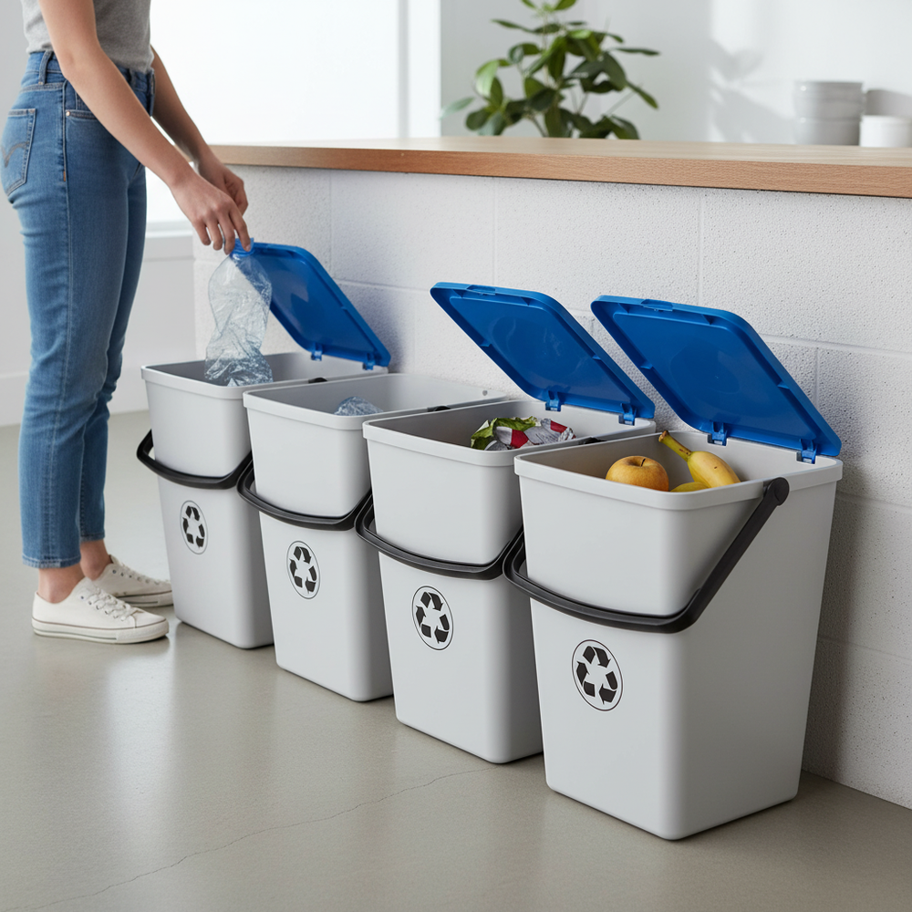 4 Pack of 15L High-Performance Recycling Bins with Flip Lids - Side view