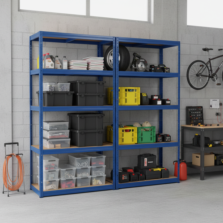 Premium Garage Shelving - 2130mm High - 200/280kg Load Capacity - Blue Finish - Front view