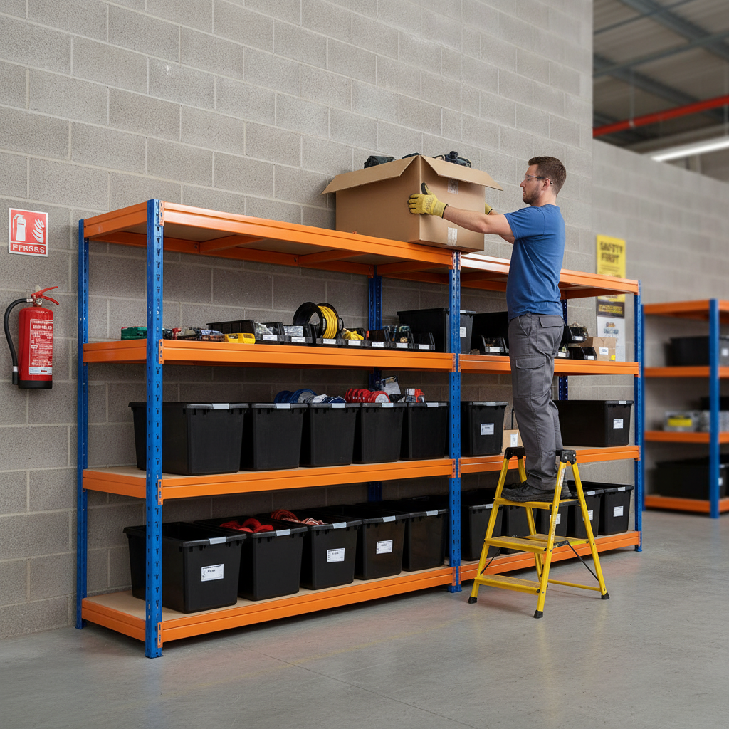 Premium Heavy Duty Shelving - 1770mm High with 12x 37L Plastic Storage Boxes - Front view