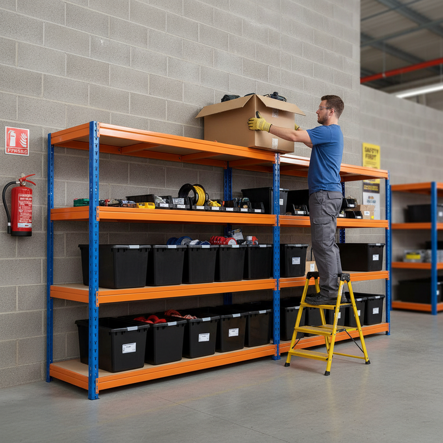 Premium Heavy Duty Shelving - 1770mm High with 12x 37L Plastic Storage Boxes - Front view