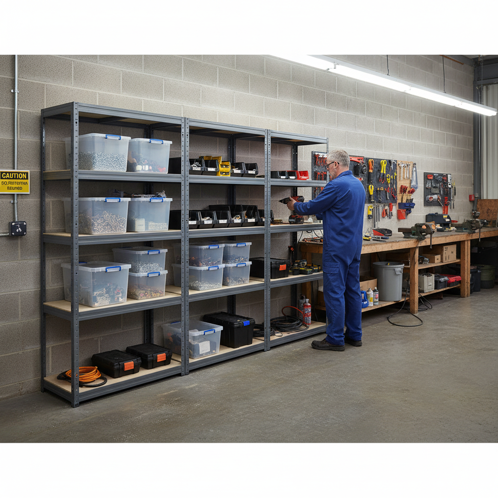 4x Heavy Duty Shelving Units - 1800mm High - Grey with 8x 33.5L Storage Boxes - Side view