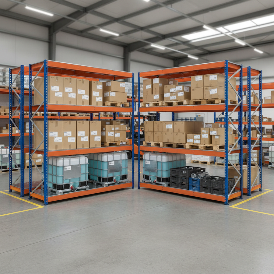 Heavy Duty Industrial Shelving - 2440mm High - 800kg Capacity - Steel - Blue & Orange - Front view