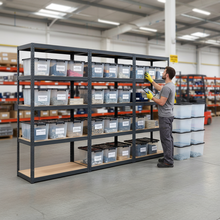 3x Heavy Duty Shelving Units - 1800mm High - Grey with 12x 24L Storage Boxes - Side view