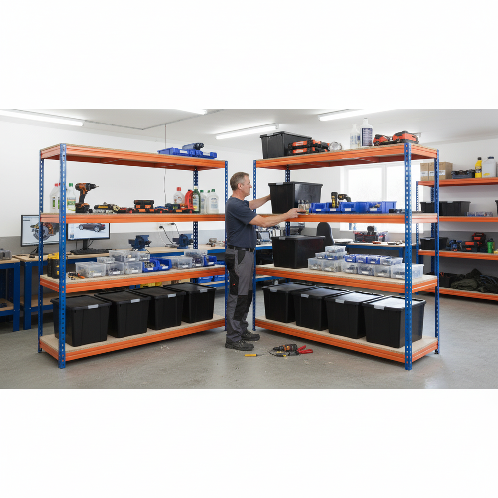 4x Heavy Duty Shelving - 1600mm High - Blue & Orange with 8x 37L Plastic Storage Boxes - Side view