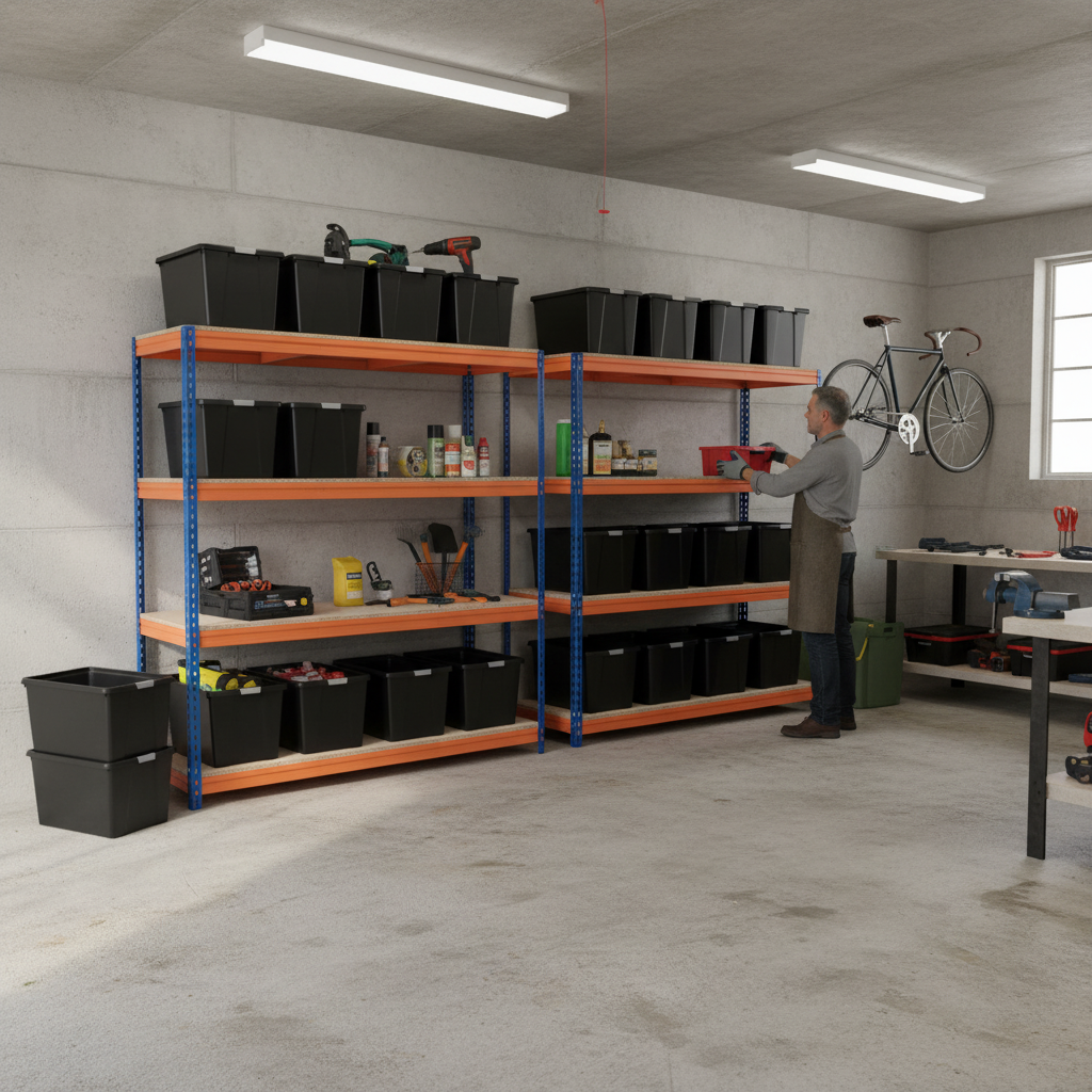 4x Premium Heavy Duty Shelving - 2200mm High - Blue & Orange with 8x 37L Plastic Storage Boxes - Side view