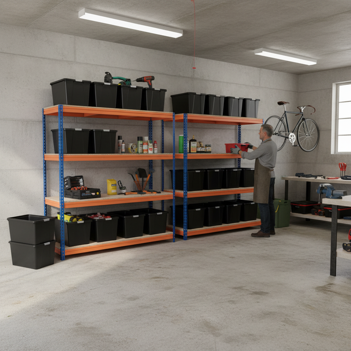 4x Premium Heavy Duty Shelving - 2200mm High - Blue & Orange with 8x 37L Plastic Storage Boxes - Side view