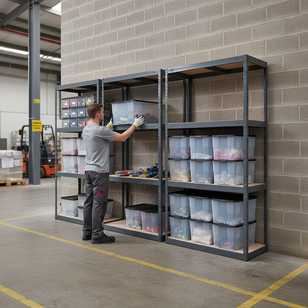 4x Heavy Duty Shelving Units - 1600mm High - Grey with 12x 24L Storage Boxes - Side view