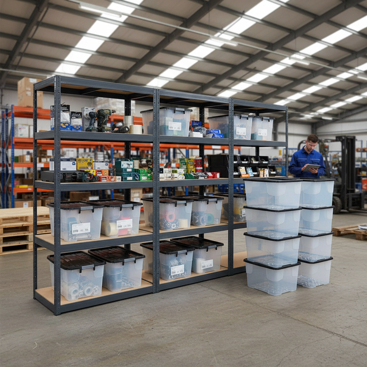 3x Heavy Duty Shelving Units - 1800mm High - Grey with 8x 24L Storage Boxes - Side view
