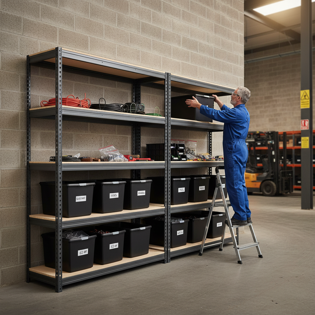 Premium Heavy Duty Shelving with 12x 62L Plastic Storage Boxes - 1600mm High - Grey - Side view