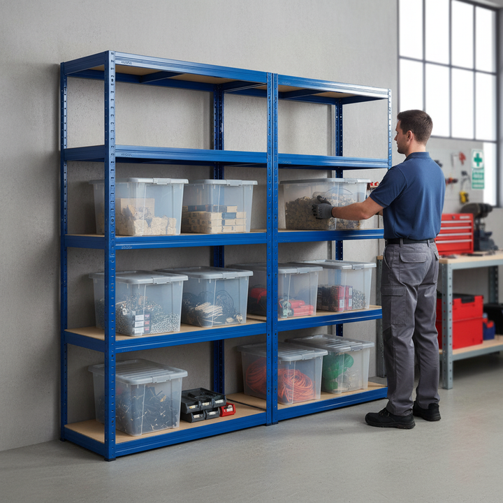 Heavy Duty 2x Shelving Unit - 1800mm High with 8x 60L Plastic Storage Boxes - Front view