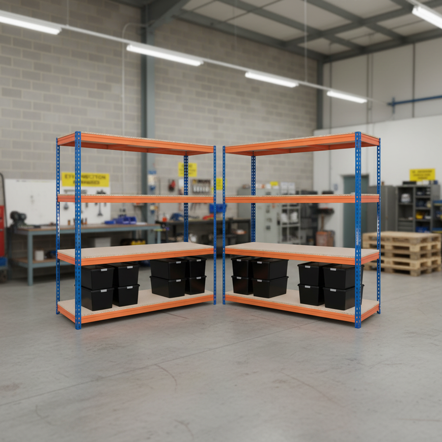 4x Heavy Duty Shelving Units - 1600mm High with 8x 62L Storage Boxes - Front view