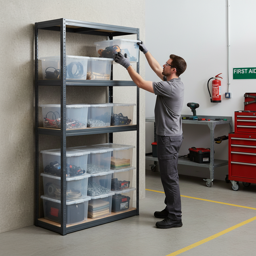 Heavy Duty Shelving Unit 1600mm High with 12x 60L Plastic Storage Boxes - Front view