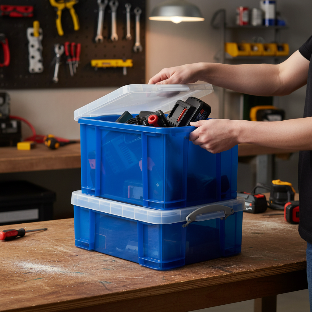 35L Premium Stackable Storage Boxes - Transparent Blue - Side view