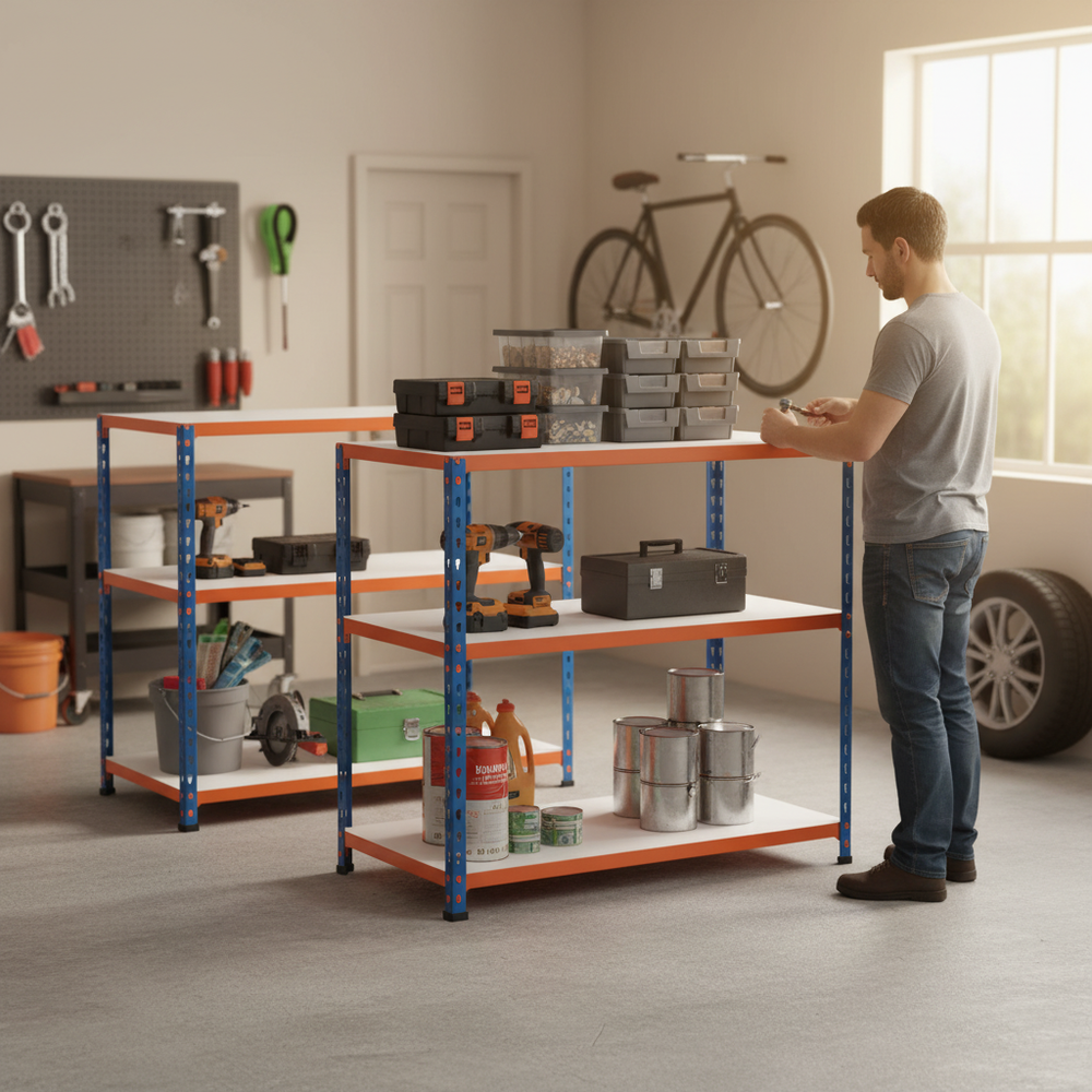 2x Heavy Duty Workbenches - 915mm High - 340kg Load Capacity - Melamine - Blue/Orange - Side view