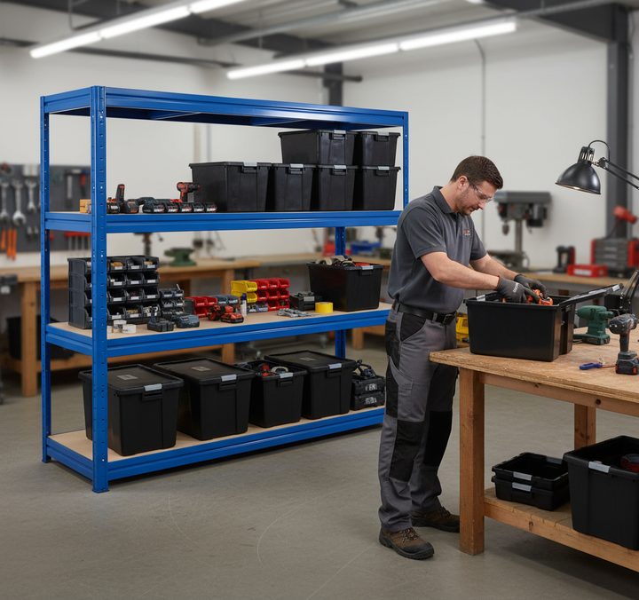 2x Premium Heavy Duty Shelving - 1770mm High - Blue with 8x 37L Plastic Storage Boxes - Side view