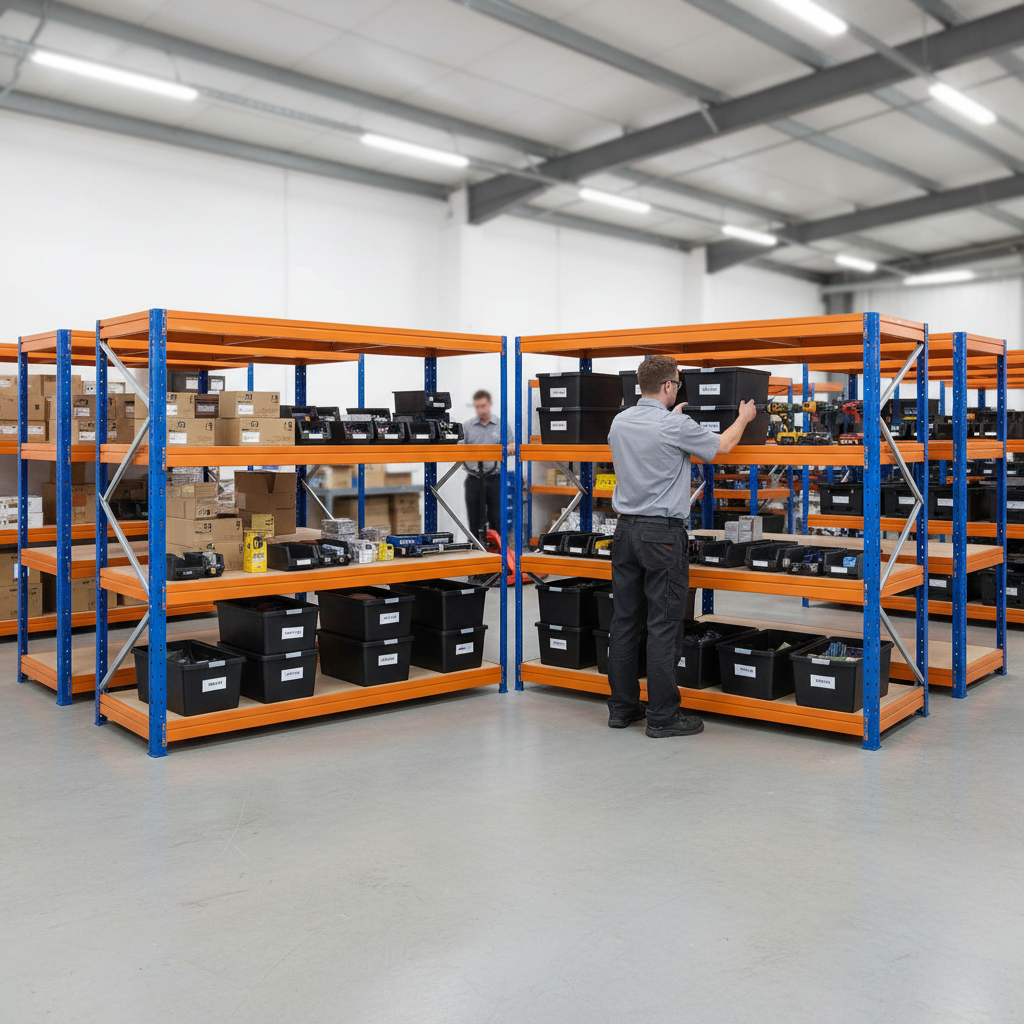 Premium Heavy Duty Shelving - 1770mm High with 12x 37L Plastic Storage Boxes - Side view