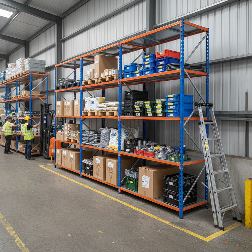 3x Premium Industrial Shelving - 2440mm High - 200kg Load Capacity - Steel - Blue & Orange - Side view