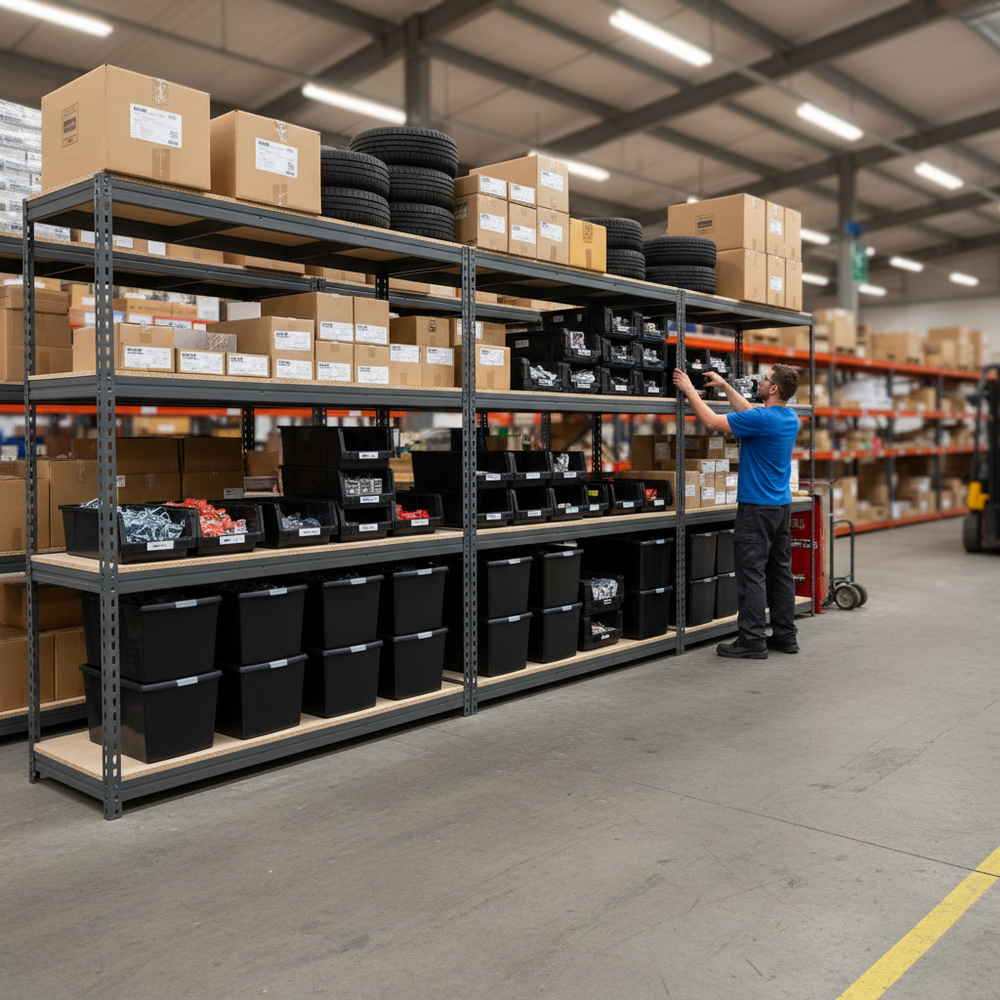 3x Heavy Duty Shelving Units - 2000mm High with 12x 62L Plastic Storage Boxes - Side view