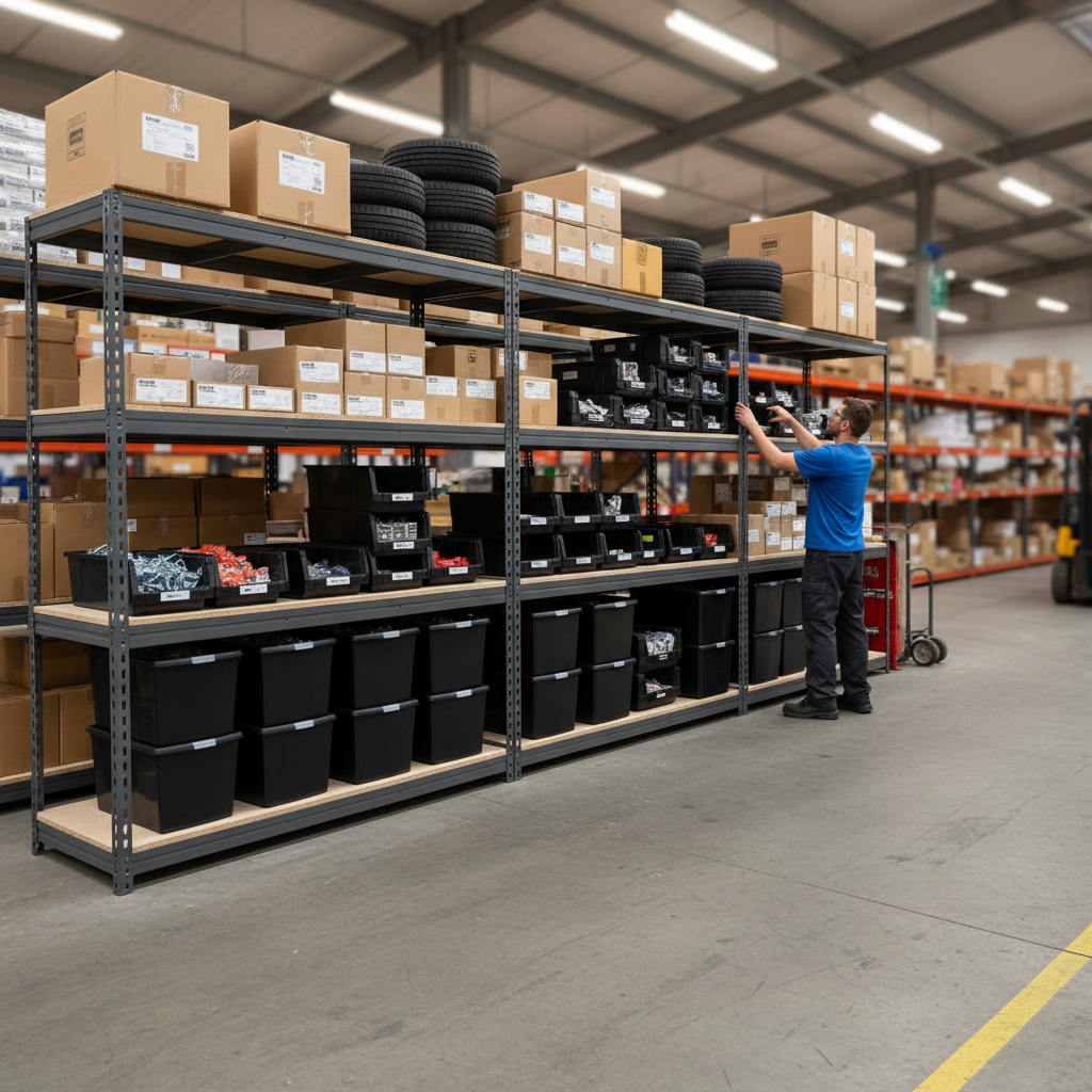 3x Heavy Duty Shelving Units - 2000mm High with 12x 62L Plastic Storage Boxes - Side view
